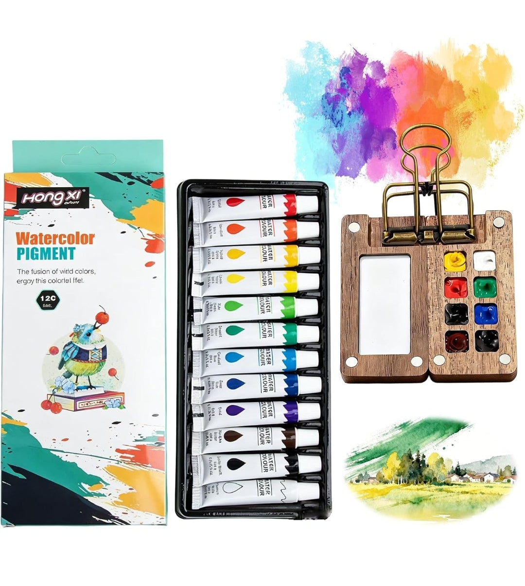 Mini Watercolor Paint Set Portable Travel - Comes with Mini Palette Sketch Board Clip & 8 Colours, Pocket-Sized Art Kit for Artists