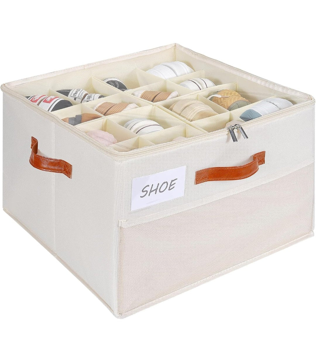 Shoe Organizer for Closet, Shoe Storage Box, Foldable Shoe Box with Adjustable Dividers and Clear Cover, Closet Shoe Organizer Fits up to 16 Pairs, 1-Pack, Extra Storage Pocket for Socks