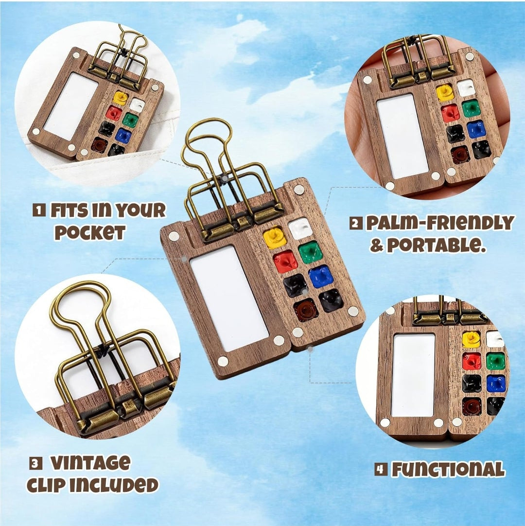 Mini Watercolor Paint Set Portable Travel - Comes with Mini Palette Sketch Board Clip & 8 Colours, Pocket-Sized Art Kit for Artists