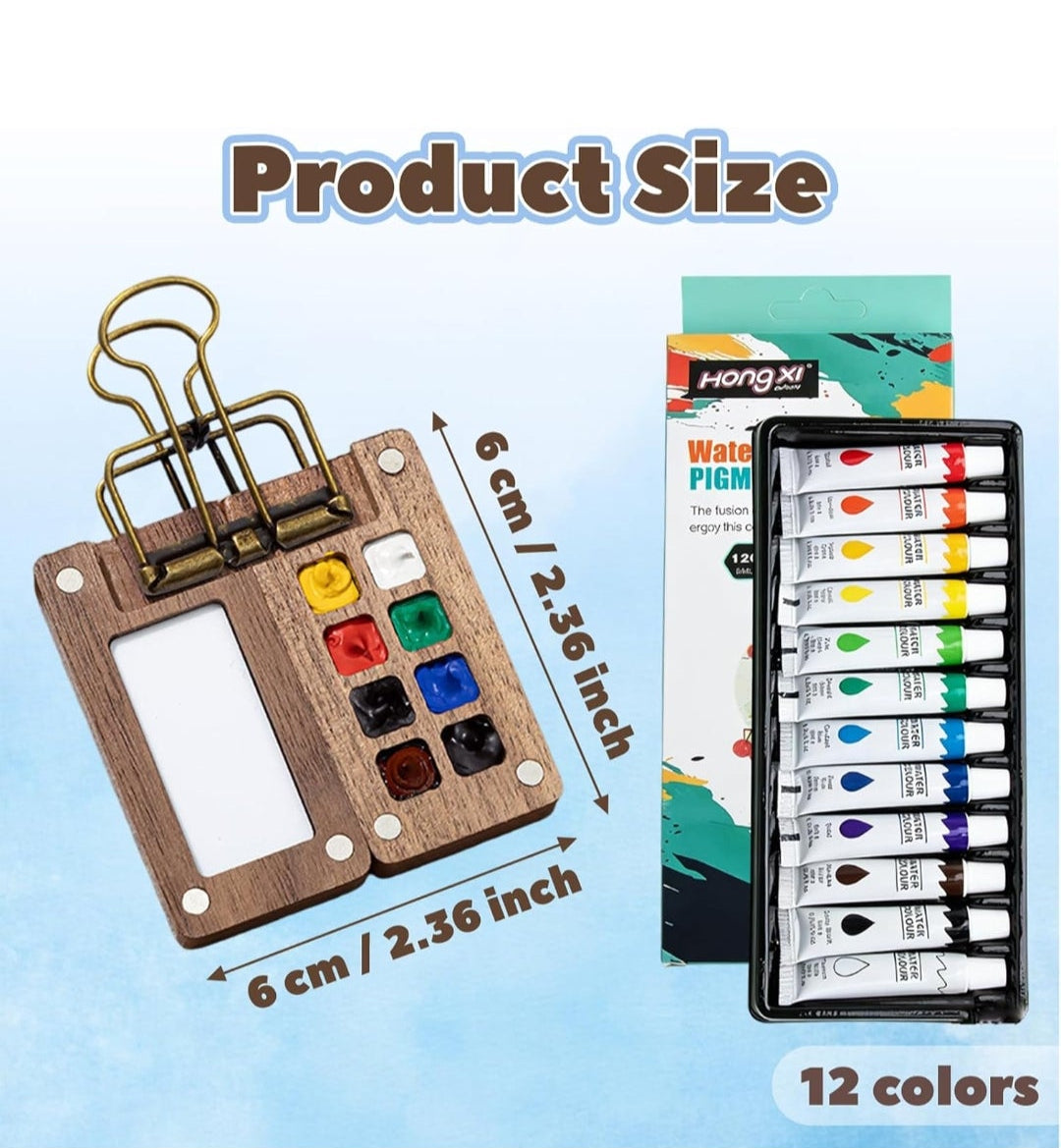 Mini Watercolor Paint Set Portable Travel - Comes with Mini Palette Sketch Board Clip & 8 Colours, Pocket-Sized Art Kit for Artists