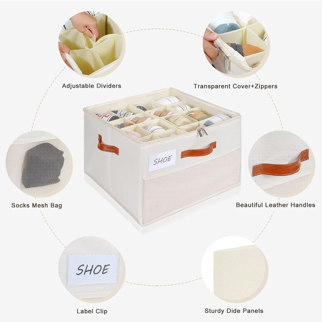 Shoe Organizer for Closet, Shoe Storage Box, Foldable Shoe Box with Adjustable Dividers and Clear Cover, Closet Shoe Organizer Fits up to 16 Pairs, 1-Pack, Extra Storage Pocket for Socks