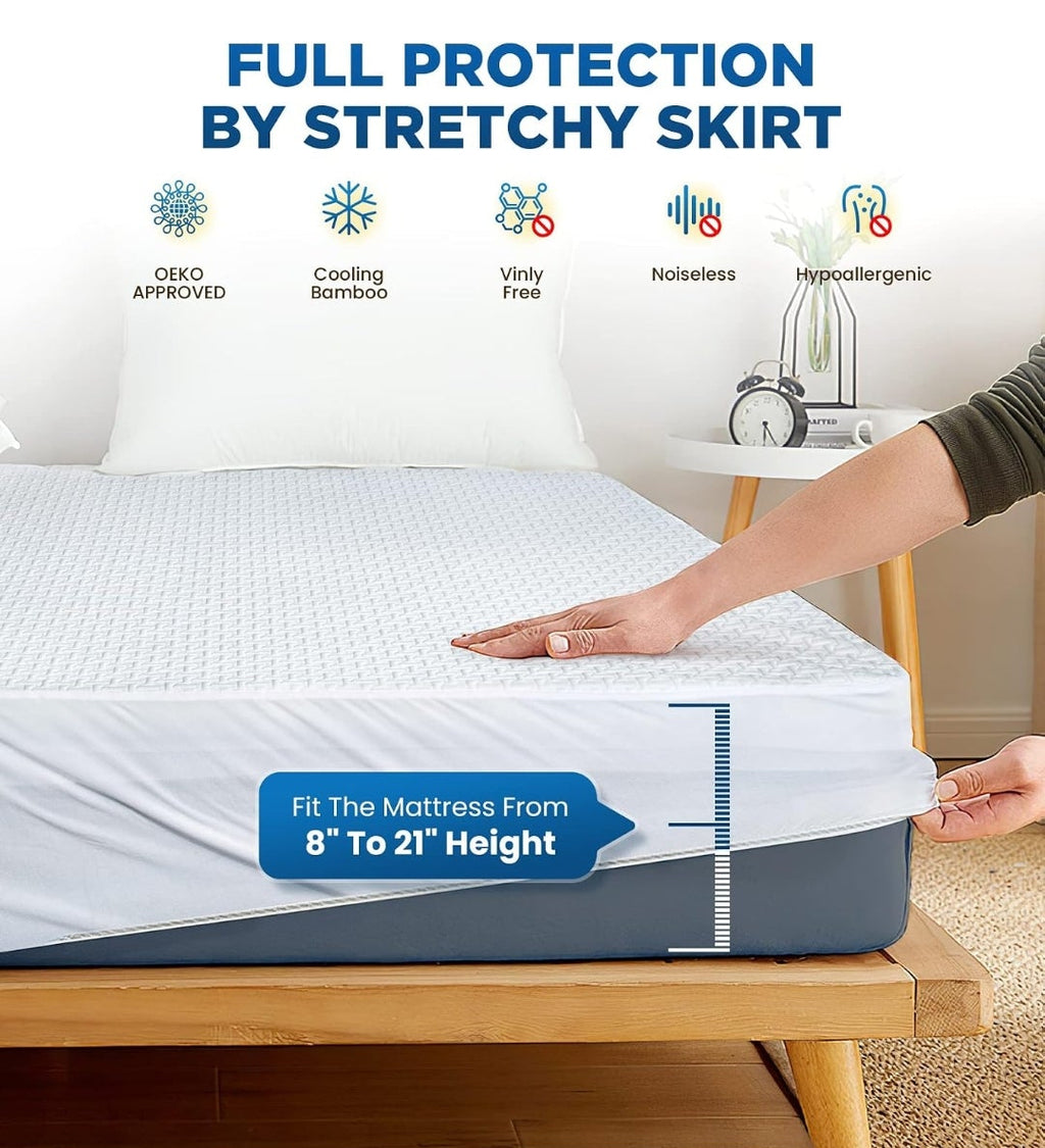 100% Waterproof Queen Mattress Protector Breathable Cooling 3D Air Fabric Mattress Cover Smooth Soft Hypoallergenic Noiseless Bed Cover Machine Washable Vinyl Free, 8-21'' Deep Pocket