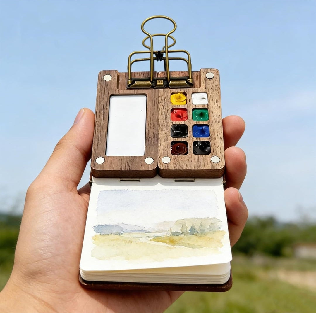 Mini Watercolor Paint Set Portable Travel - Comes with Mini Palette Sketch Board Clip & 8 Colours, Pocket-Sized Art Kit for Artists
