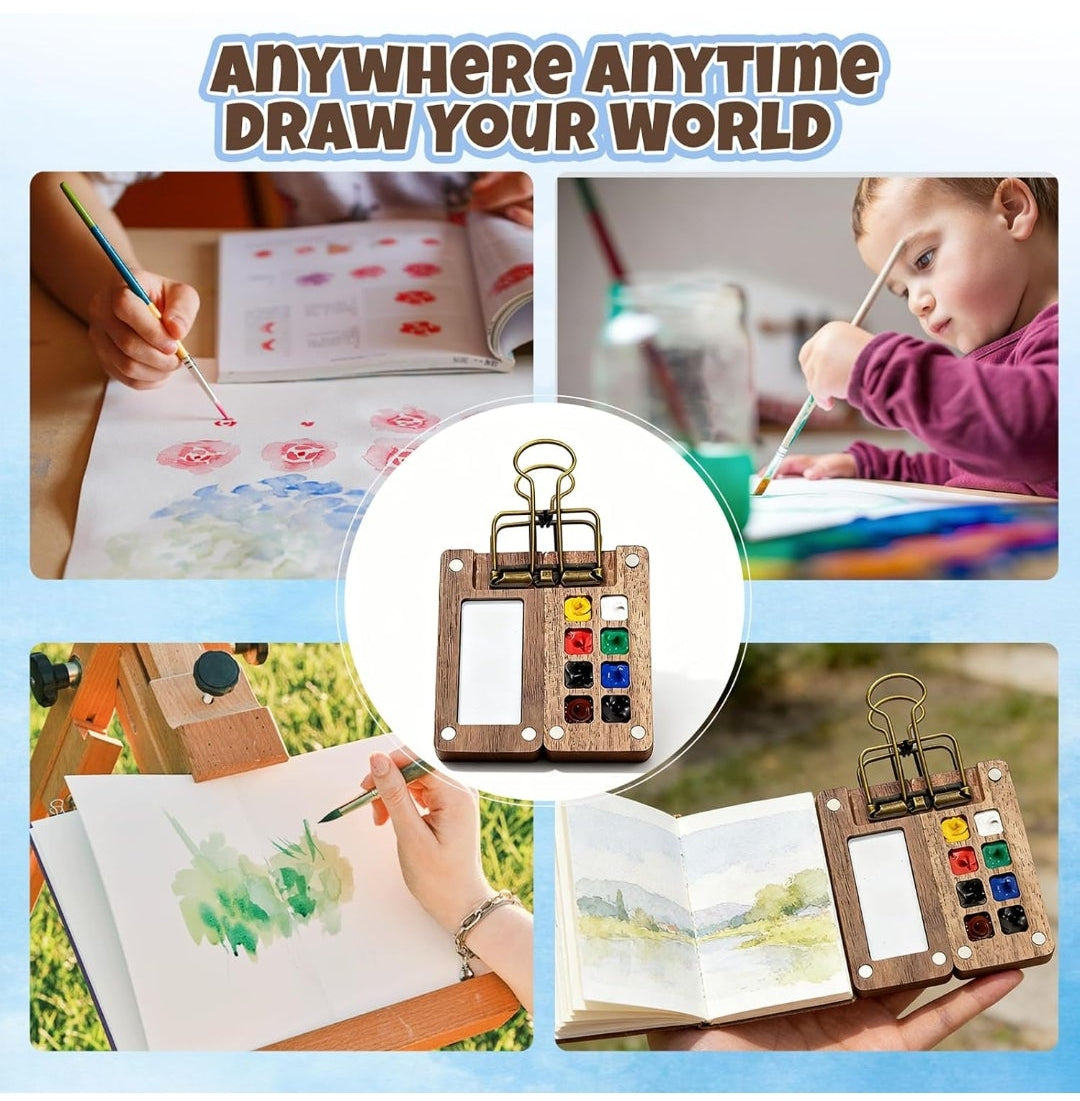 Mini Watercolor Paint Set Portable Travel - Comes with Mini Palette Sketch Board Clip & 8 Colours, Pocket-Sized Art Kit for Artists