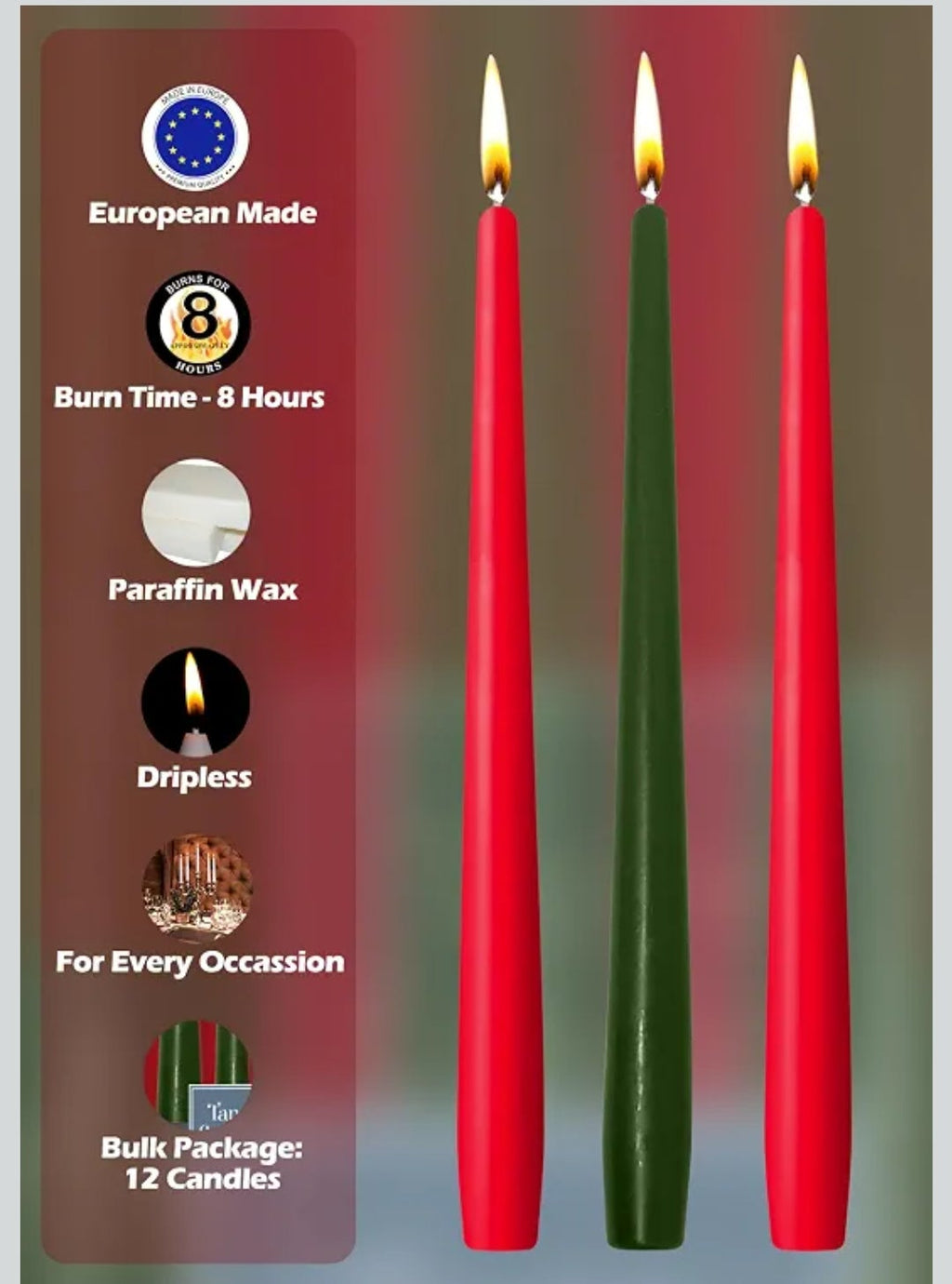 Hyoola Christmas Candles - Green and Red Taper Candles 10 Inch Dripless, 12 Pack Unscented Holiday Candles - European Made