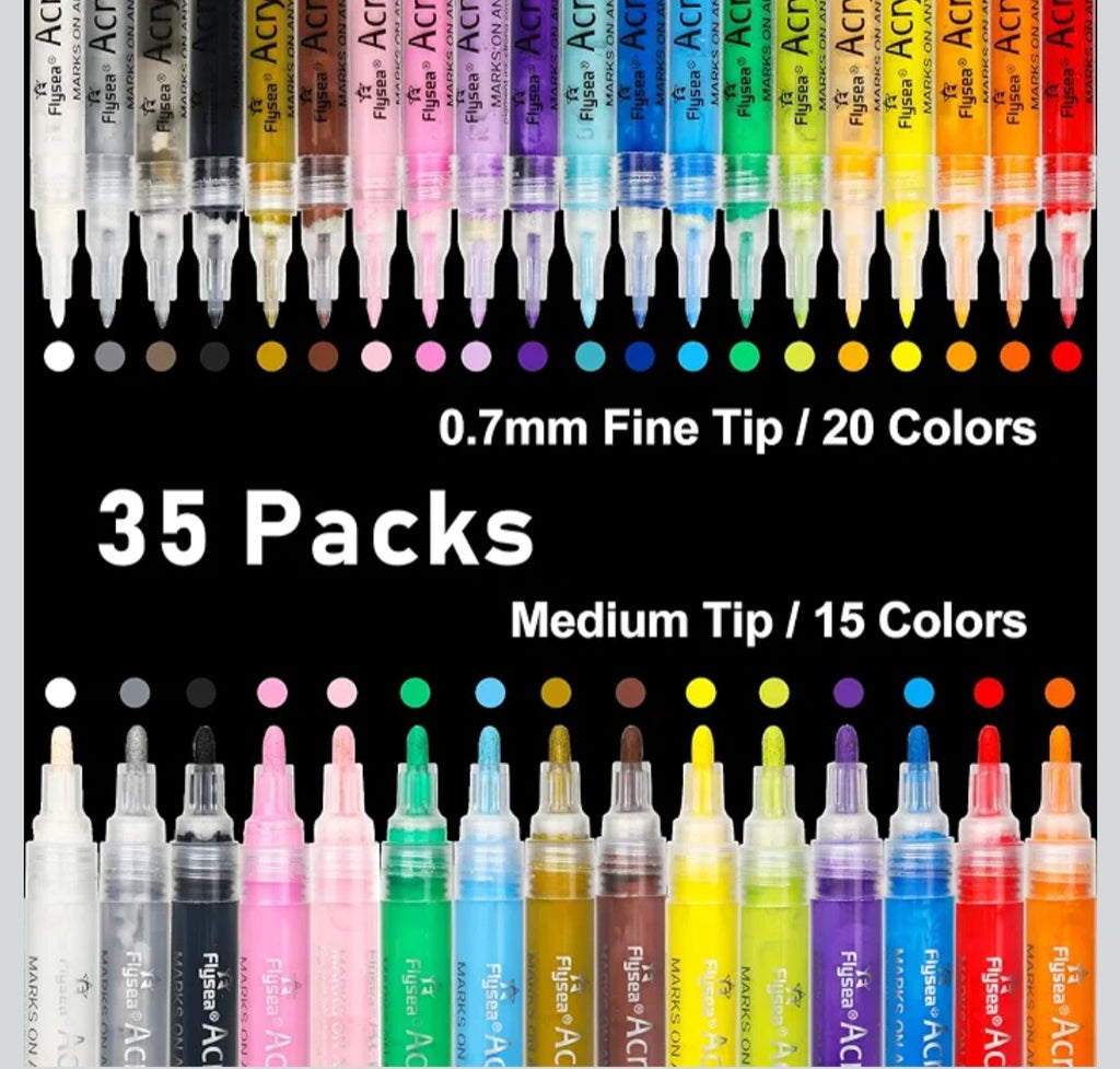 NAWOD 35 Premium Acrylic Paint Marker Pens, Double Pack of Both Extra Fine and Medium Tip, for Rock Painting, Mug, Ceramic, Glass, Wood, Fabric, Canvas, Metal, Pumpkin, DIY Crafts Making Art Supplies
