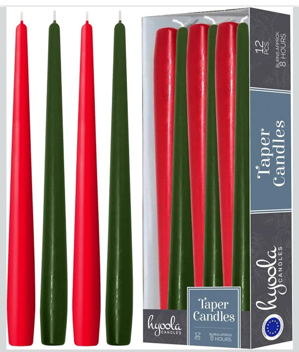 Hyoola Christmas Candles - Green and Red Taper Candles 10 Inch Dripless, 12 Pack Unscented Holiday Candles - European Made